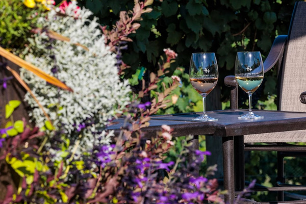 two wine glasses on a table with flowers surrounding the area